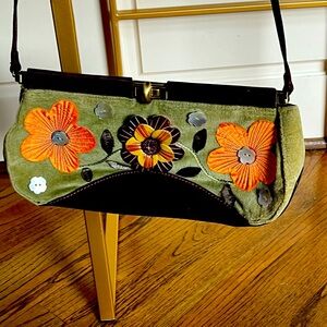 Oilily green suede floral appliqué purse